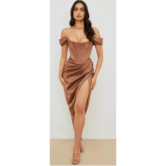 House of CB Dresses & Skirts - NWT House of CB ZINA TOFFEE SATIN OFF THE SHOULDER DRESS SZ XS